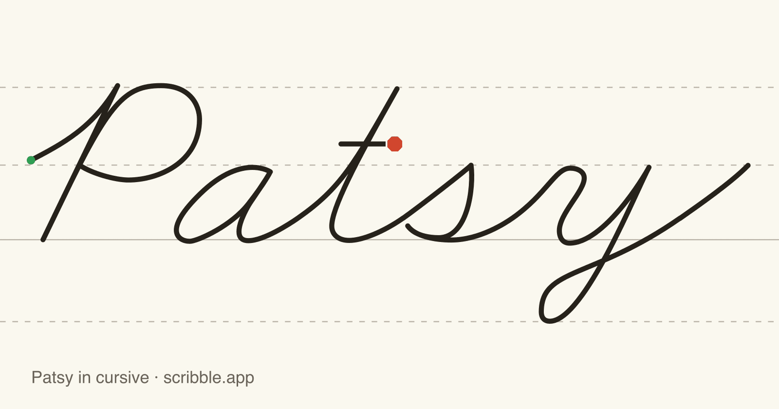 Patsy written in cursive on handwriting guidelines, with a green starting dot and a red stop sign
