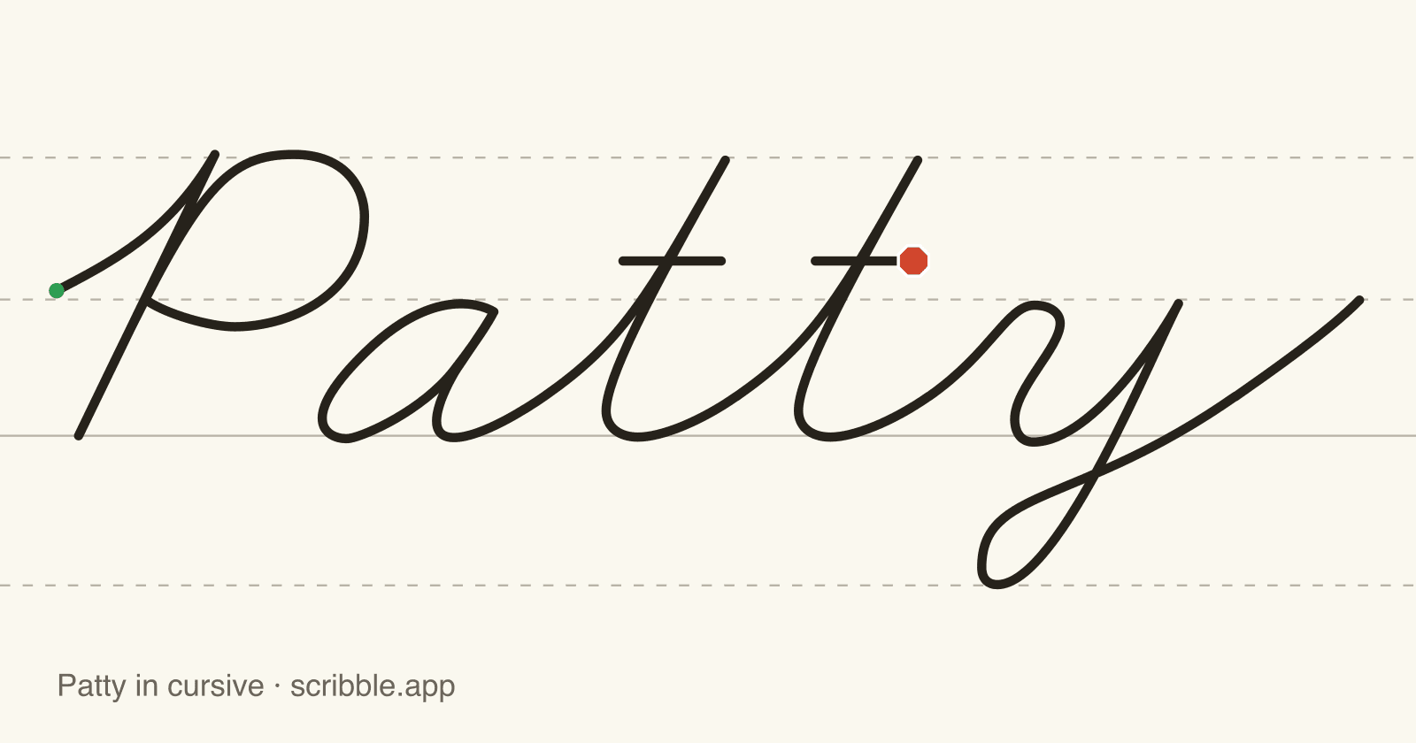 Patty written in cursive on handwriting guidelines, with a green starting dot and a red stop sign