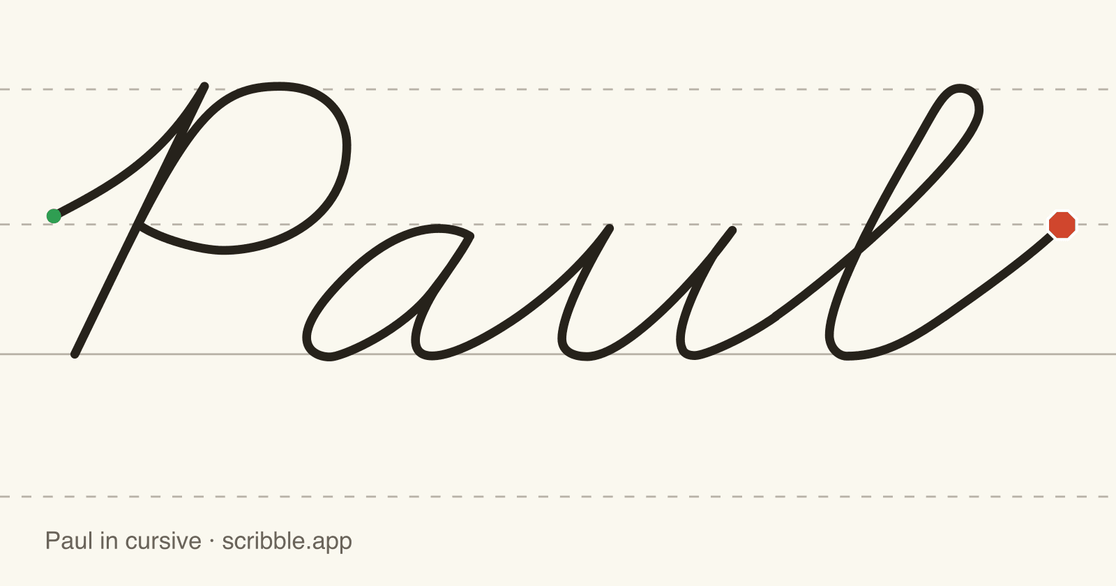 Paul written in cursive on handwriting guidelines, with a green starting dot and a red stop sign