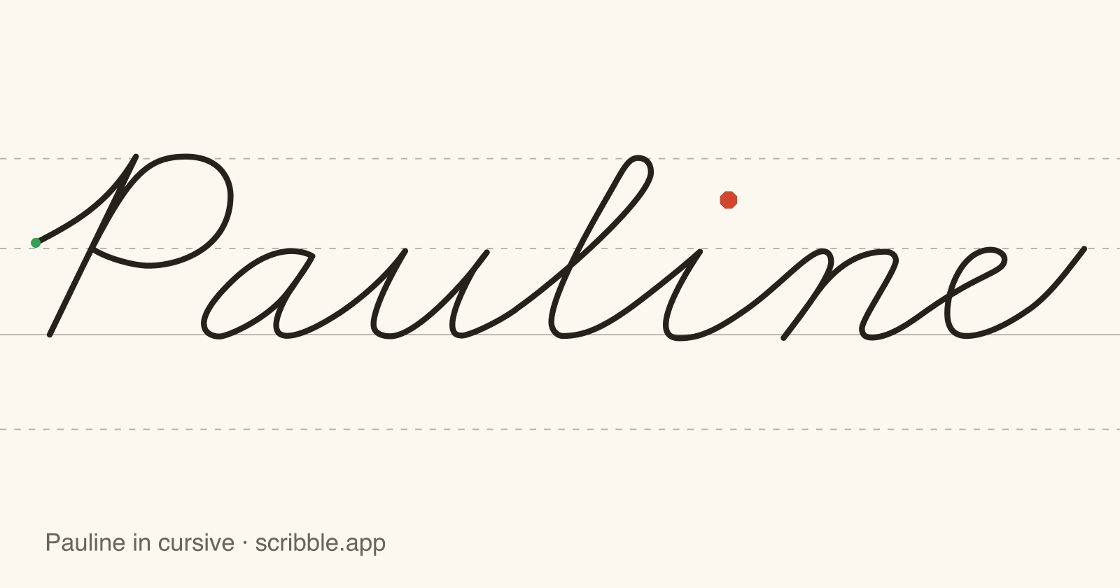 Pauline written in cursive on handwriting guidelines, with a green starting dot and a red stop sign