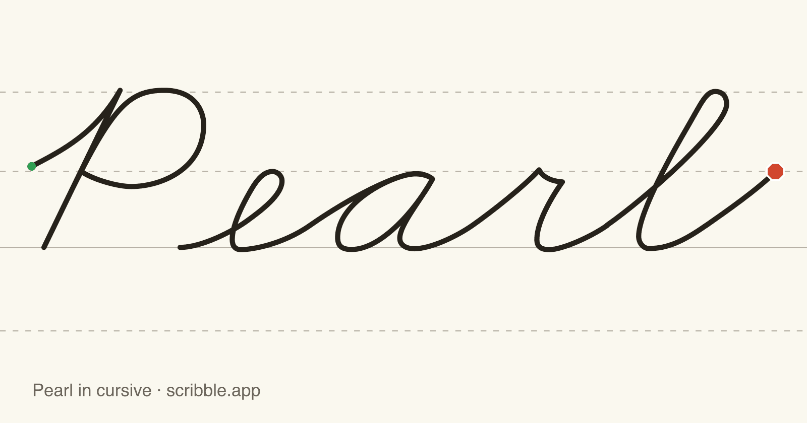 Pearl written in cursive on handwriting guidelines, with a green starting dot and a red stop sign