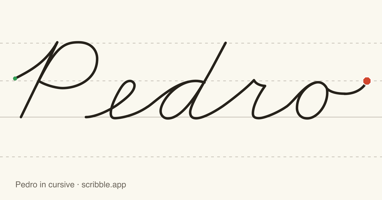 Pedro written in cursive on handwriting guidelines, with a green starting dot and a red stop sign