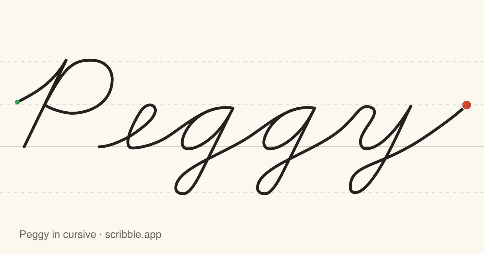 Peggy written in cursive on handwriting guidelines, with a green starting dot and a red stop sign