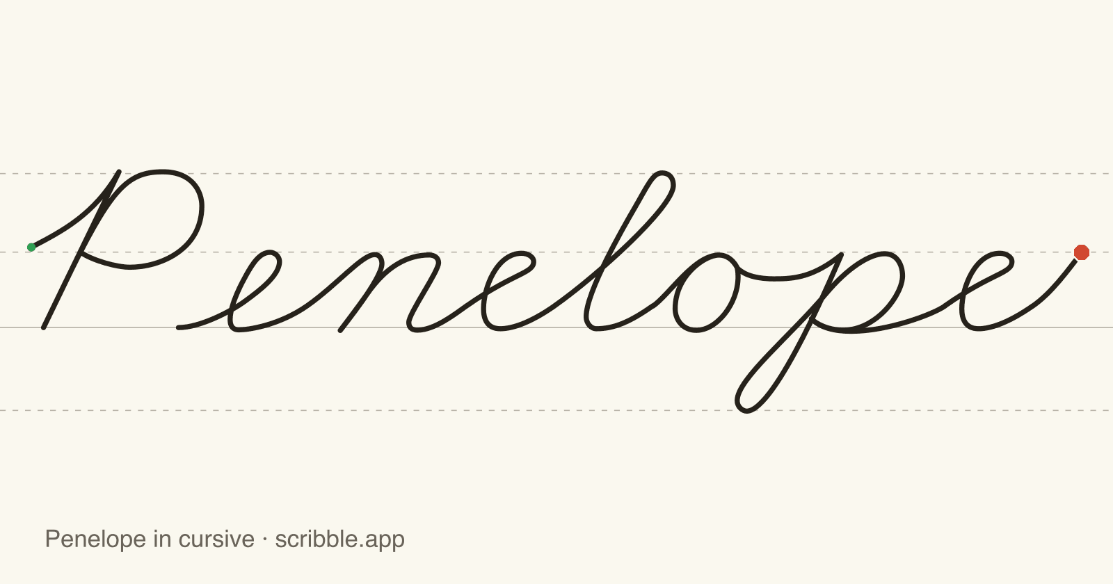 Penelope written in cursive on handwriting guidelines, with a green starting dot and a red stop sign