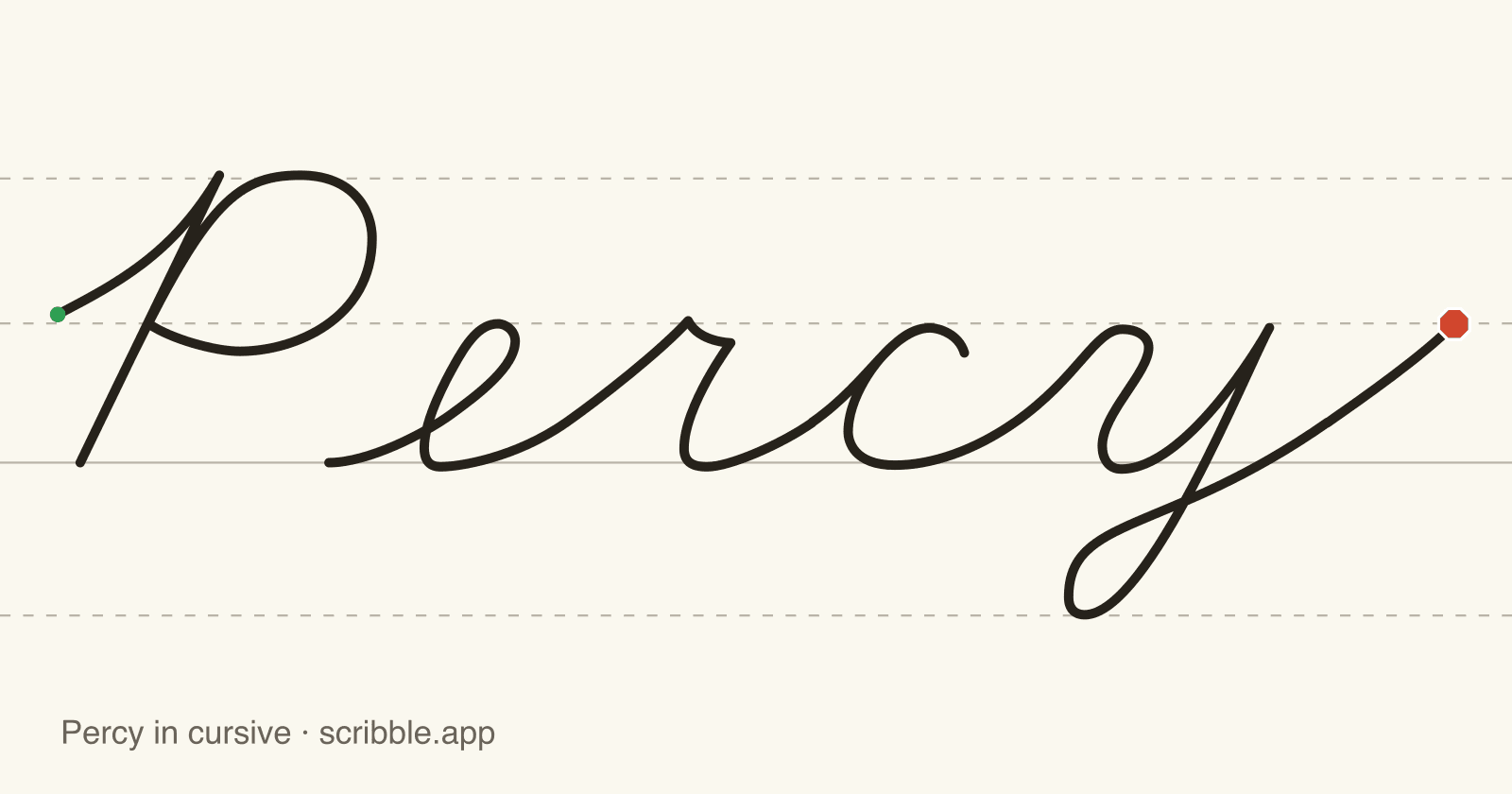 Percy written in cursive on handwriting guidelines, with a green starting dot and a red stop sign