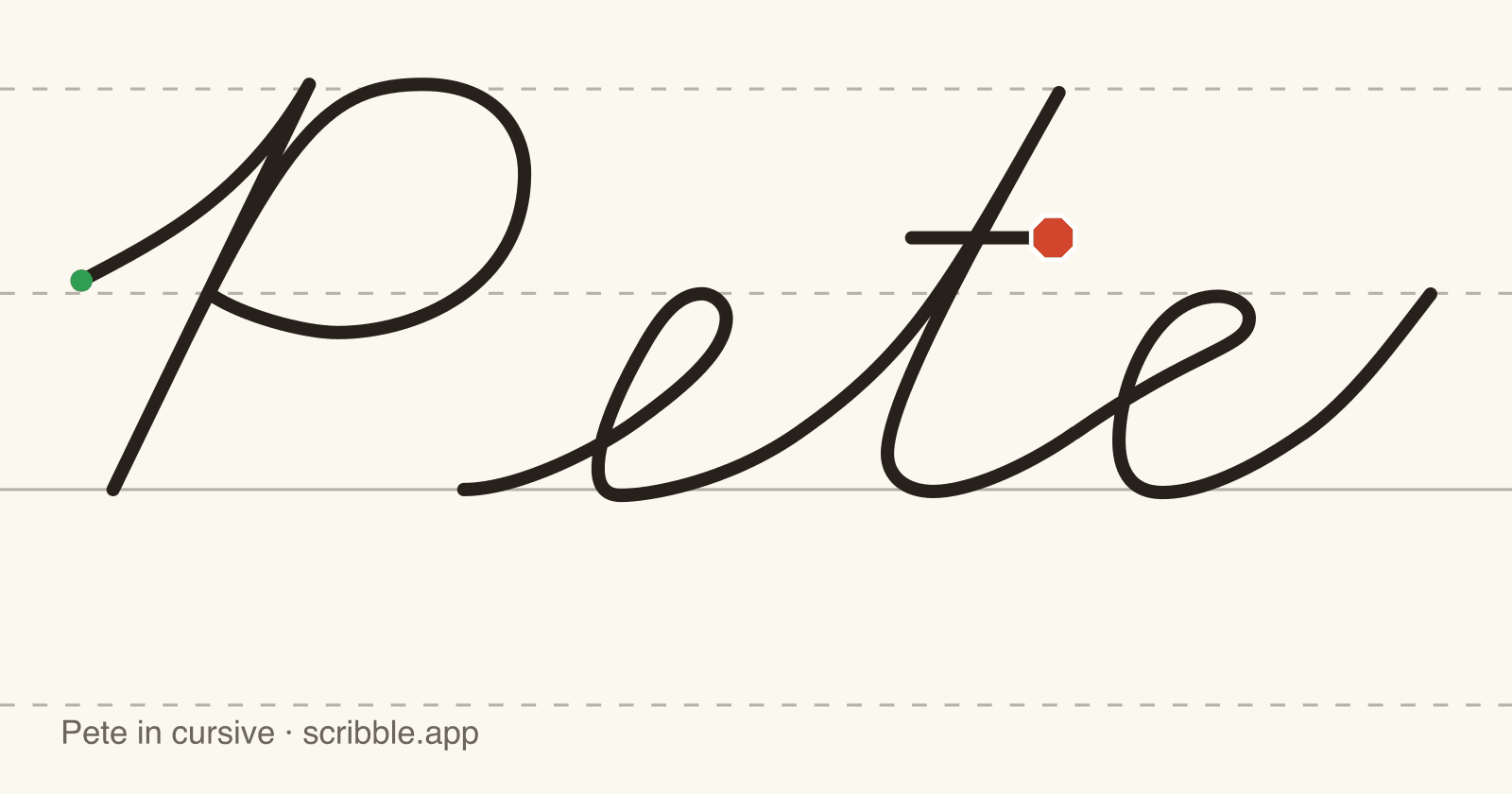 Pete written in cursive on handwriting guidelines, with a green starting dot and a red stop sign