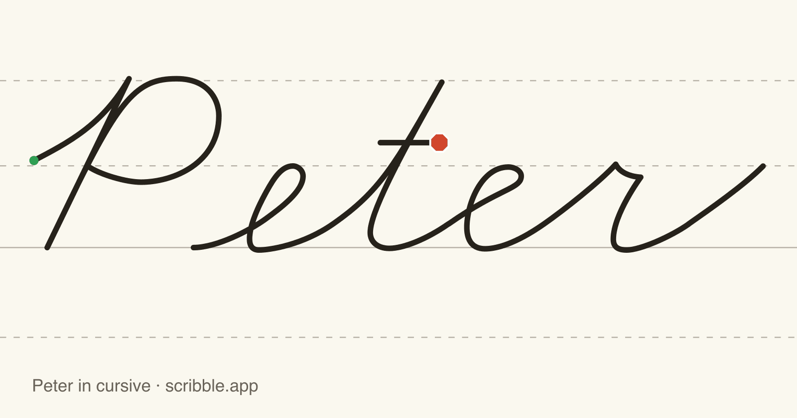 Peter written in cursive on handwriting guidelines, with a green starting dot and a red stop sign
