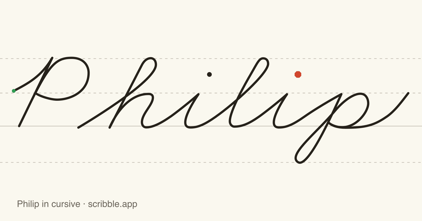 Philip written in cursive on handwriting guidelines, with a green starting dot and a red stop sign