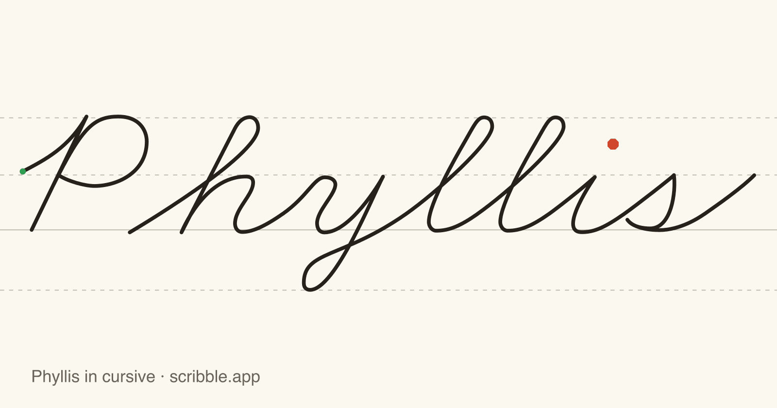Phyllis written in cursive on handwriting guidelines, with a green starting dot and a red stop sign
