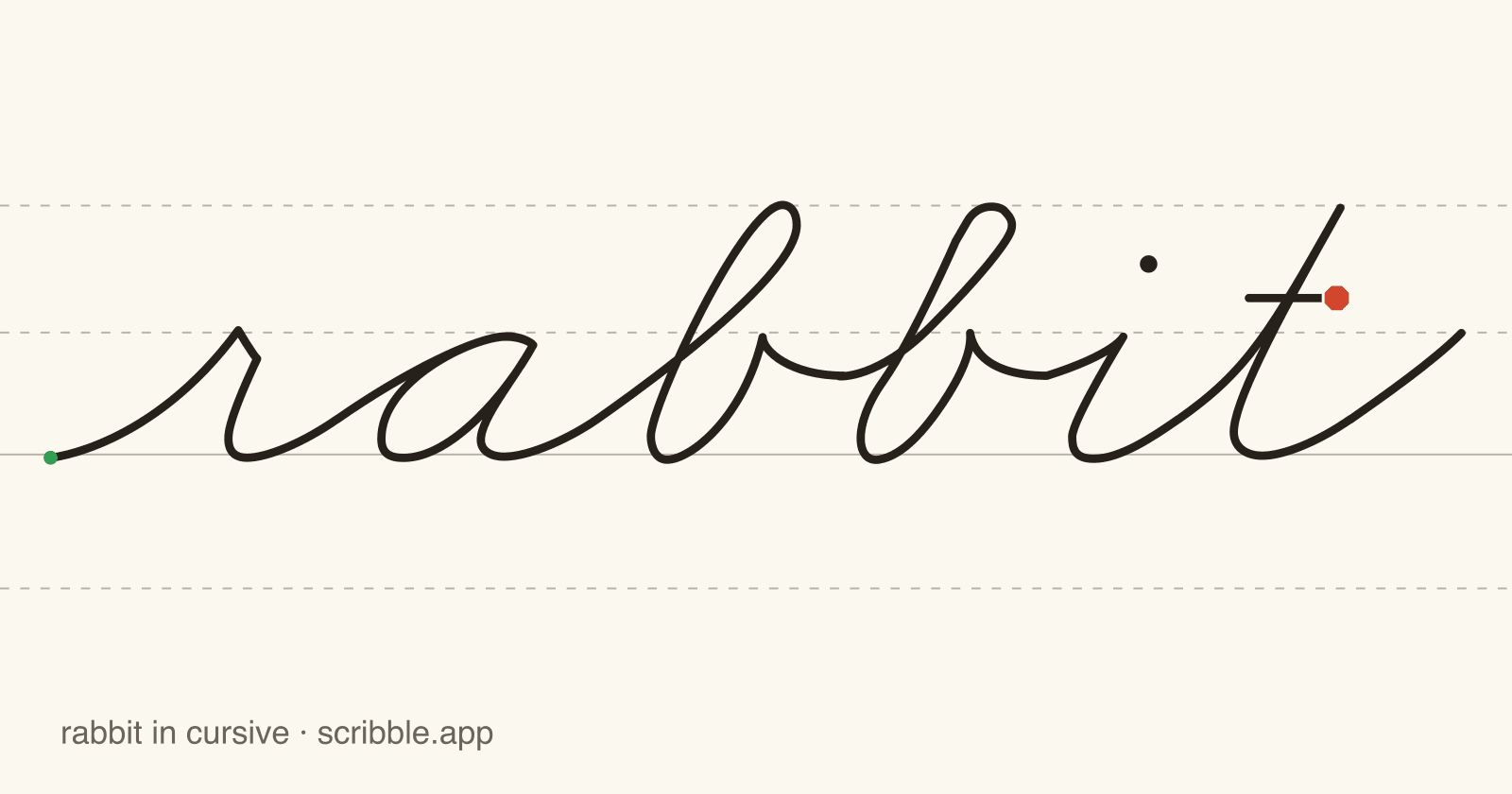 rabbit written in cursive on handwriting guidelines, with a green starting dot and a red stop sign
