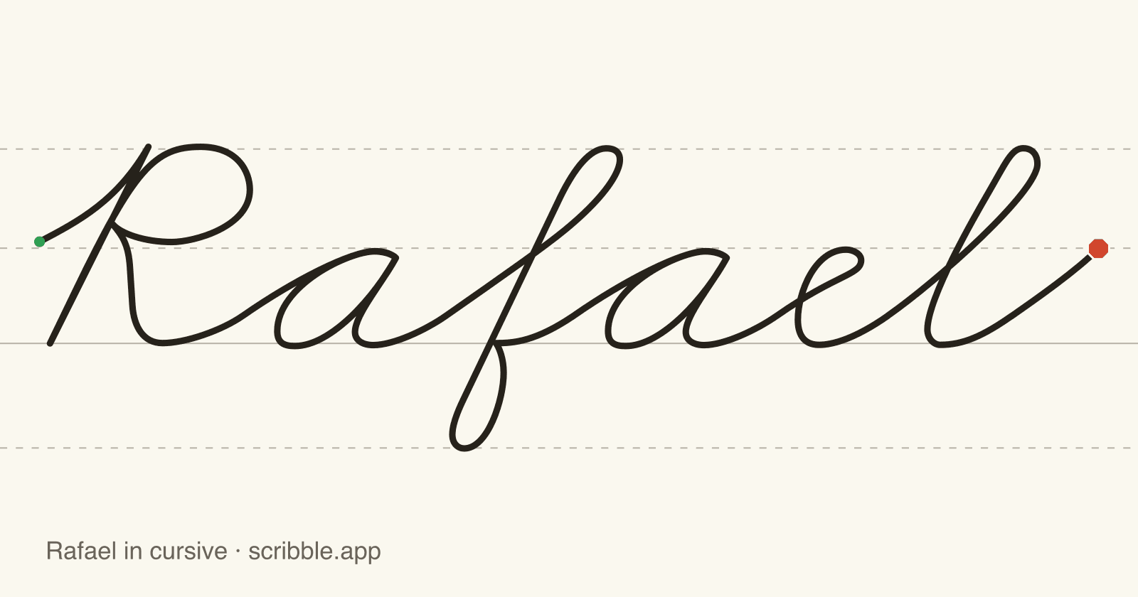Rafael written in cursive on handwriting guidelines, with a green starting dot and a red stop sign