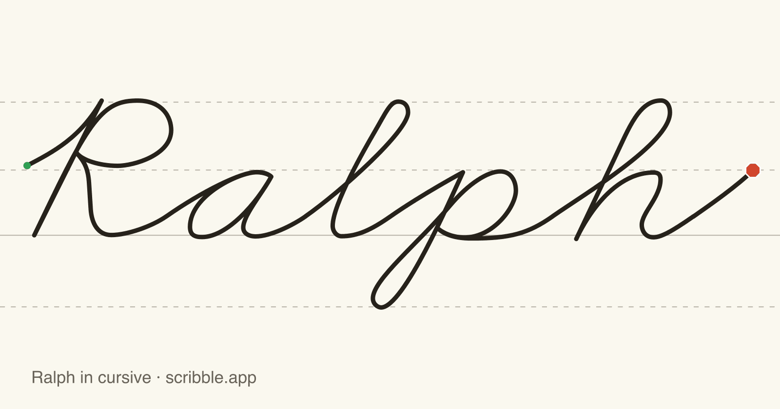 Ralph written in cursive on handwriting guidelines, with a green starting dot and a red stop sign