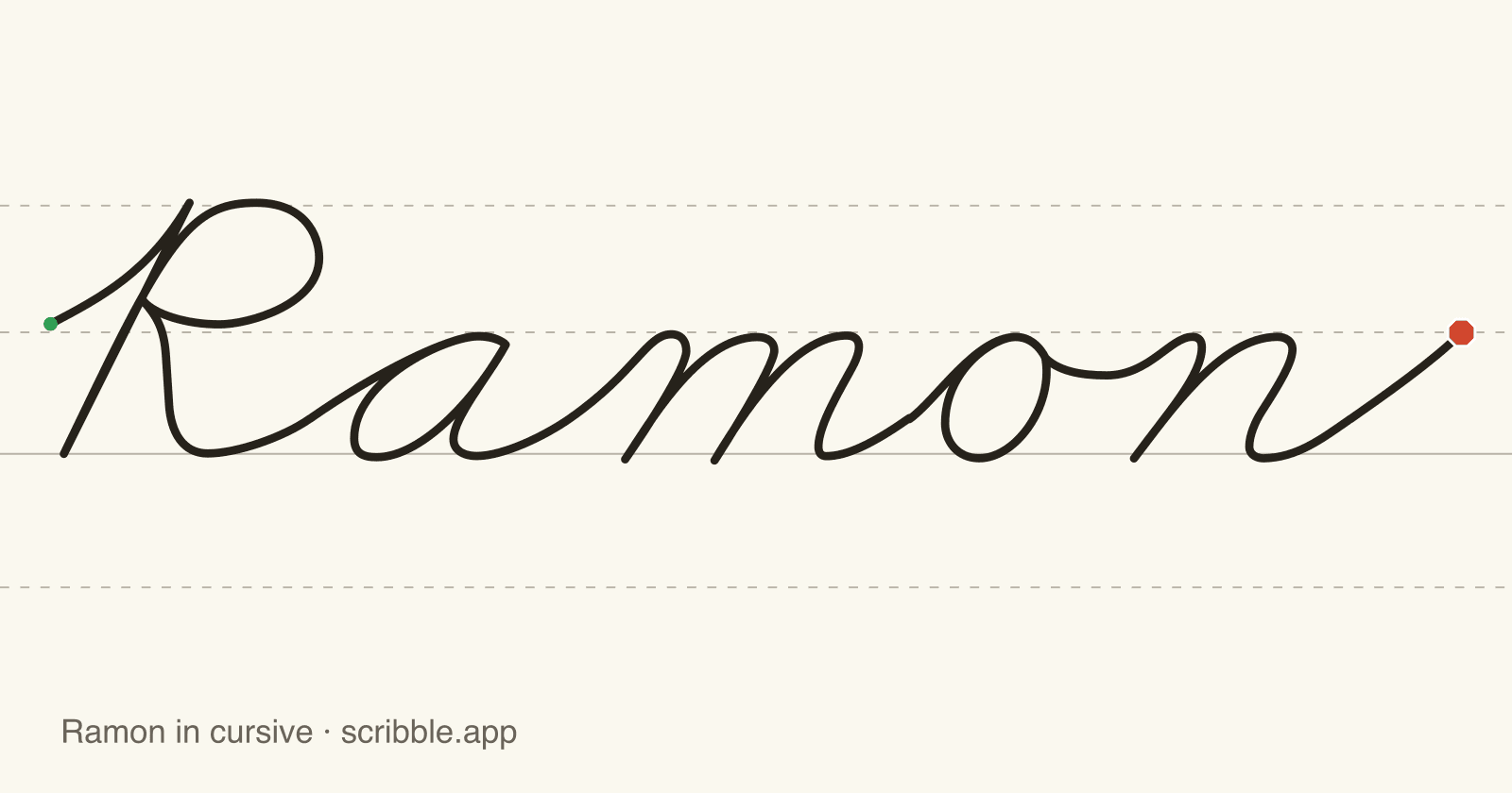Ramon written in cursive on handwriting guidelines, with a green starting dot and a red stop sign