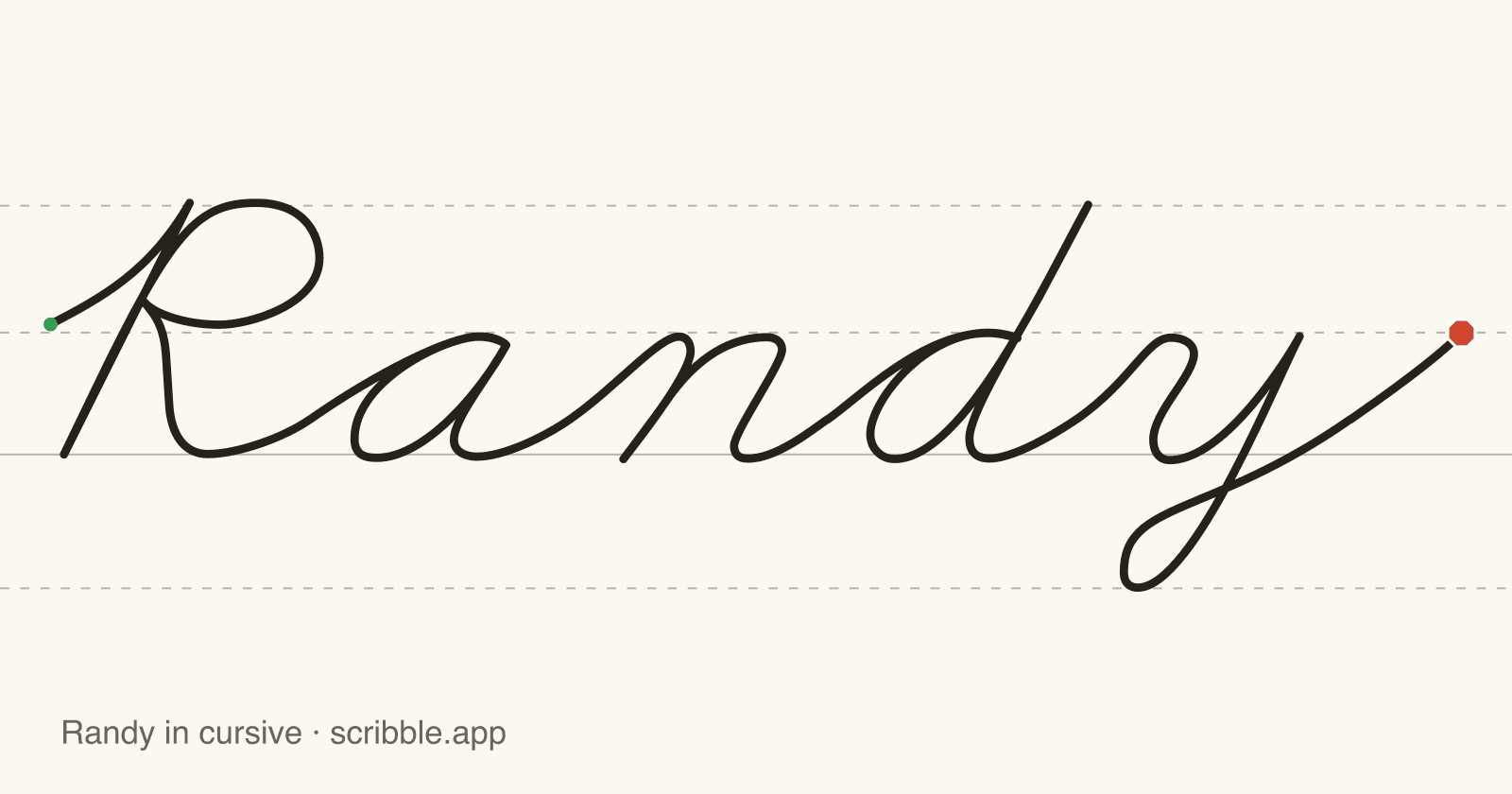 Randy written in cursive on handwriting guidelines, with a green starting dot and a red stop sign