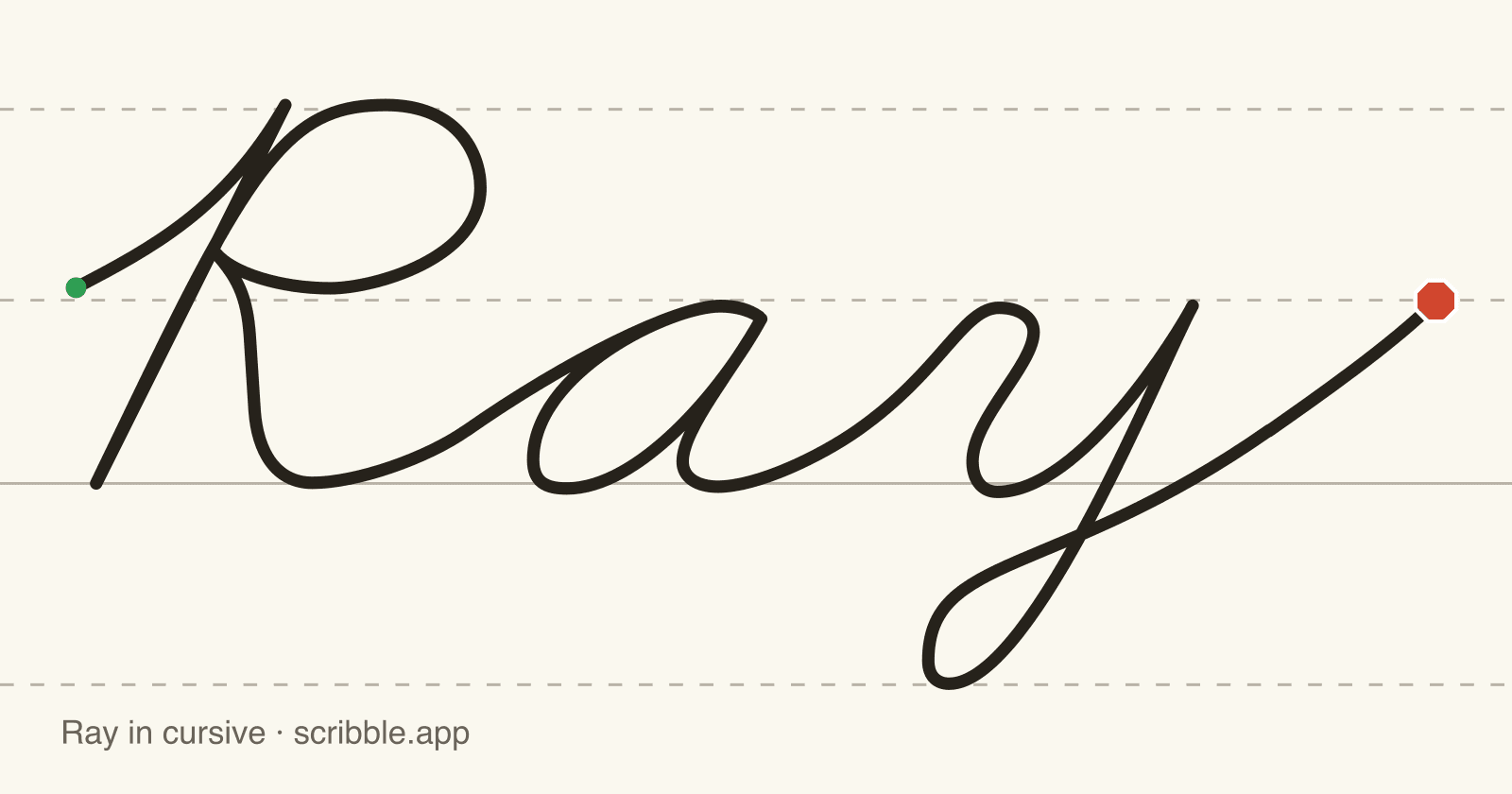 Ray written in cursive on handwriting guidelines, with a green starting dot and a red stop sign