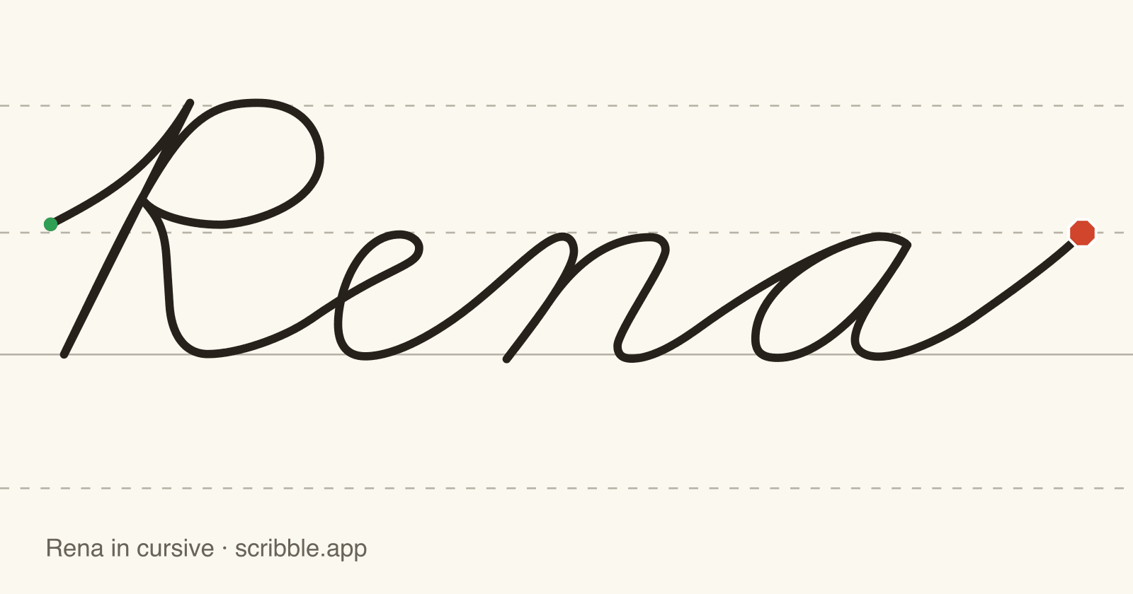 Rena written in cursive on handwriting guidelines, with a green starting dot and a red stop sign