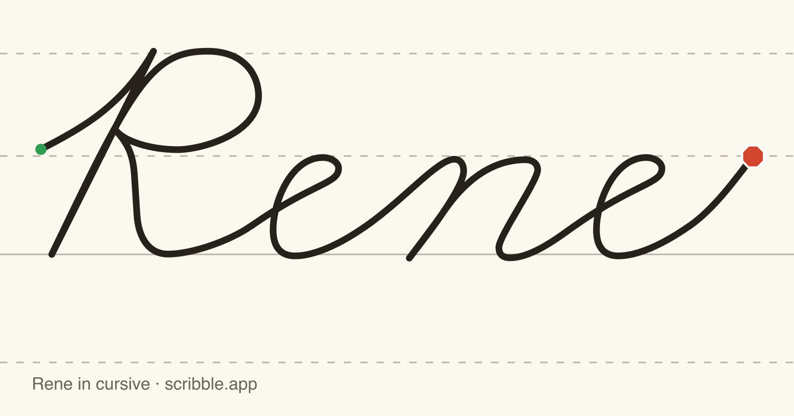 Rene written in cursive on handwriting guidelines, with a green starting dot and a red stop sign