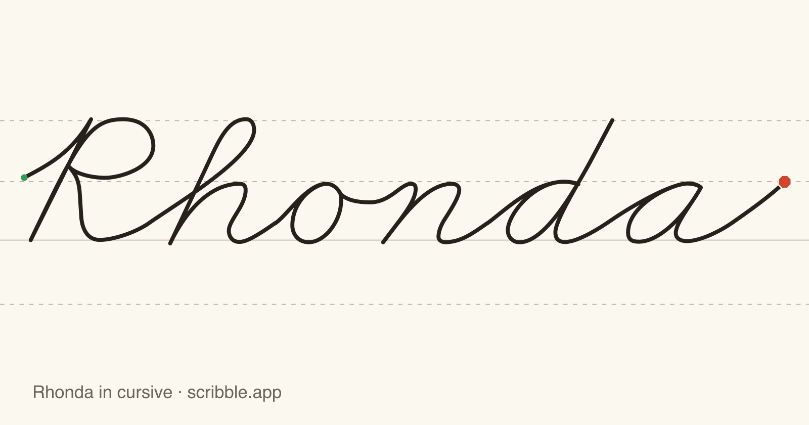 Rhonda written in cursive on handwriting guidelines, with a green starting dot and a red stop sign