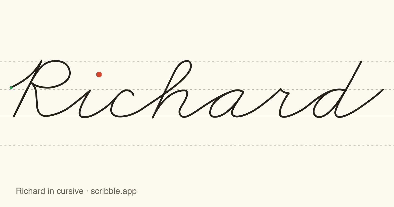 Richard written in cursive on handwriting guidelines, with a green starting dot and a red stop sign