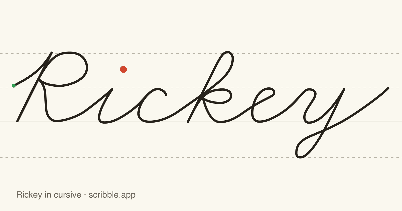 Rickey written in cursive on handwriting guidelines, with a green starting dot and a red stop sign