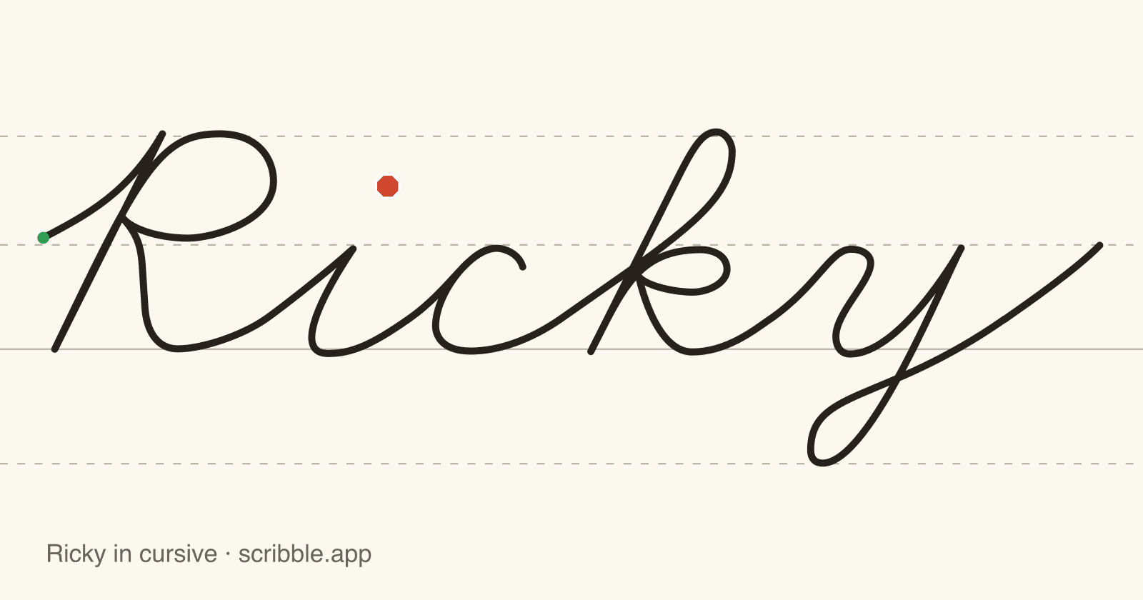 Ricky written in cursive on handwriting guidelines, with a green starting dot and a red stop sign