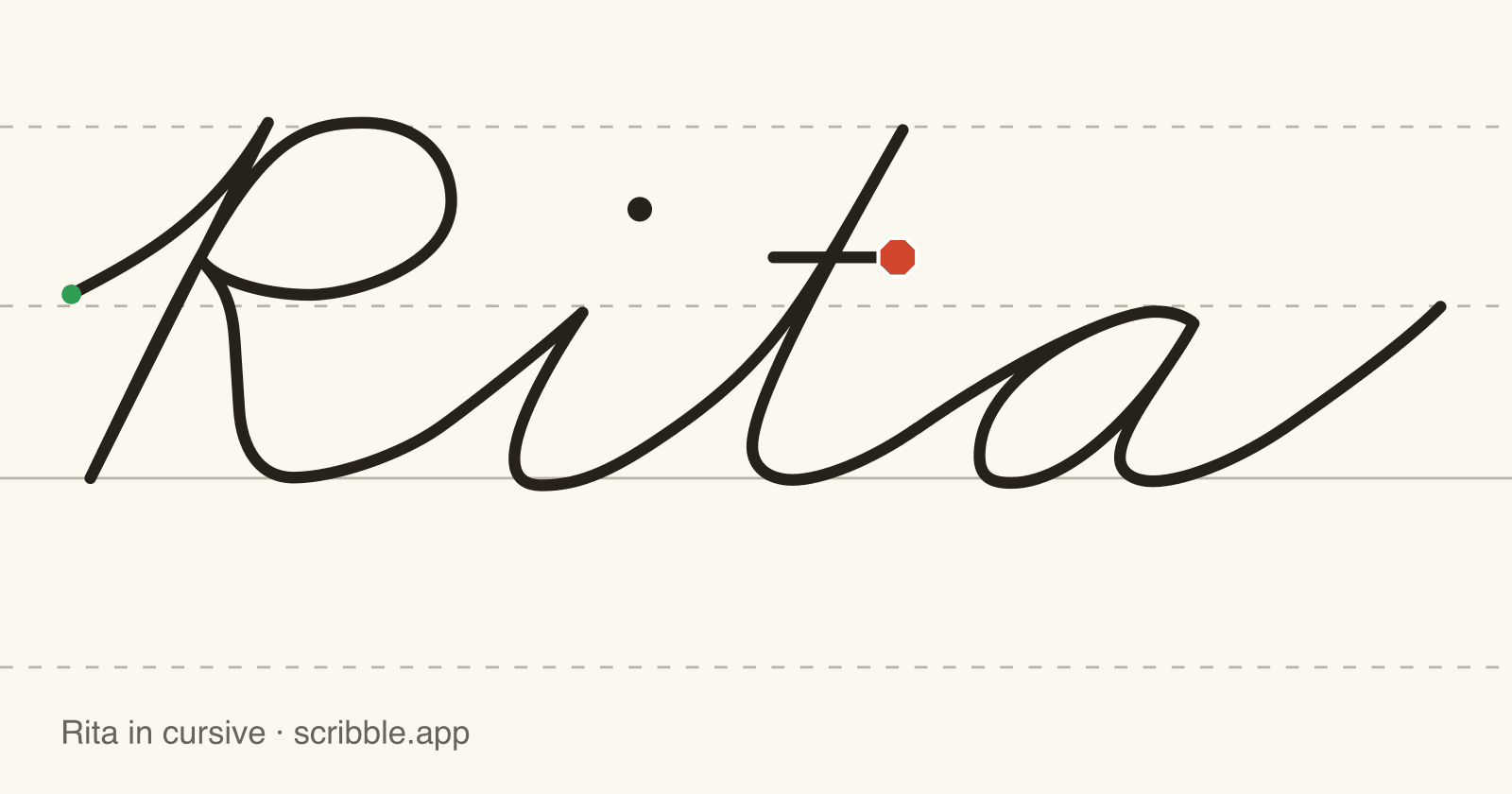 Rita written in cursive on handwriting guidelines, with a green starting dot and a red stop sign