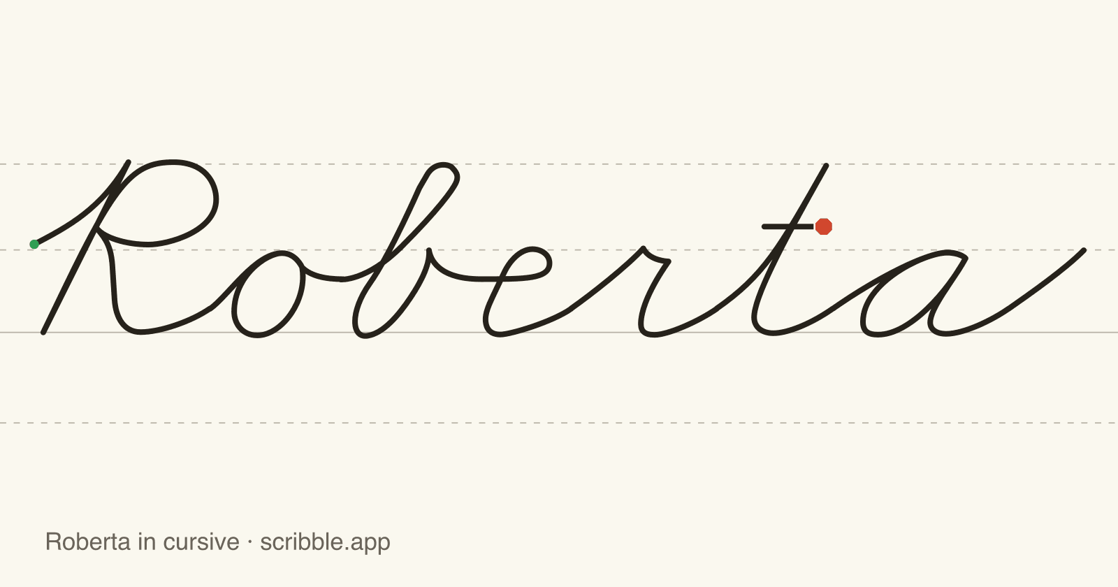 Roberta written in cursive on handwriting guidelines, with a green starting dot and a red stop sign