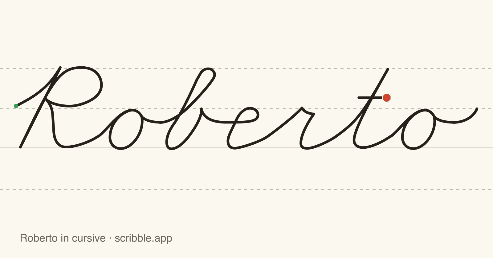 Roberto written in cursive on handwriting guidelines, with a green starting dot and a red stop sign