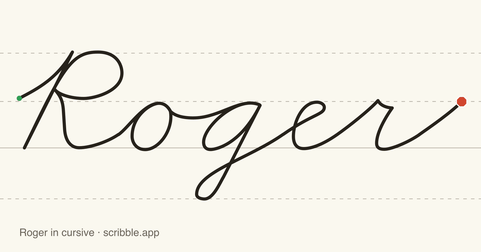 Roger written in cursive on handwriting guidelines, with a green starting dot and a red stop sign