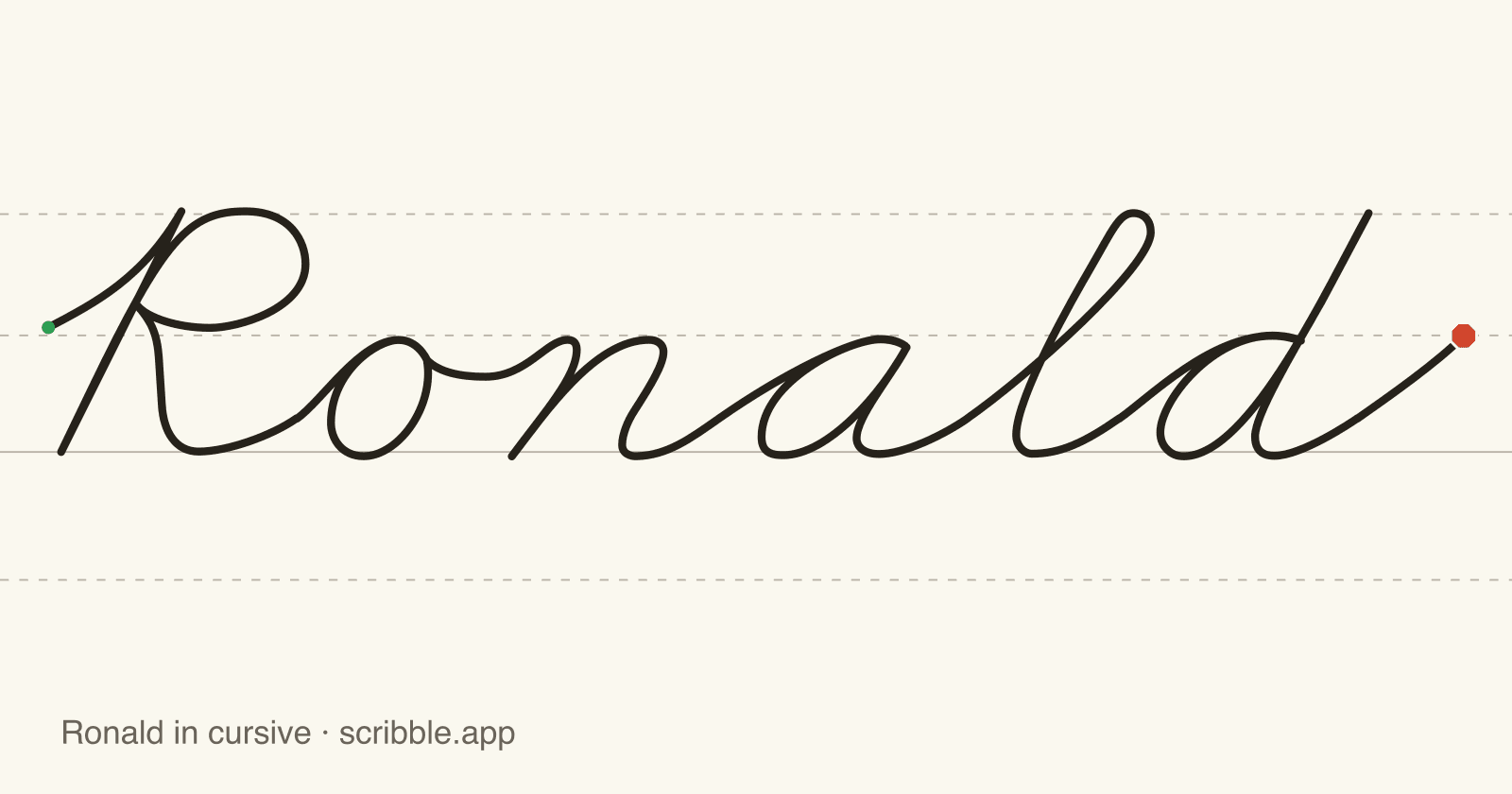 Ronald written in cursive on handwriting guidelines, with a green starting dot and a red stop sign