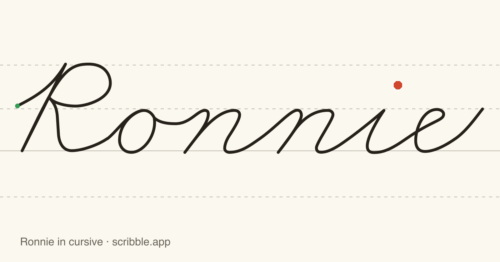 Ronnie written in cursive on handwriting guidelines, with a green starting dot and a red stop sign
