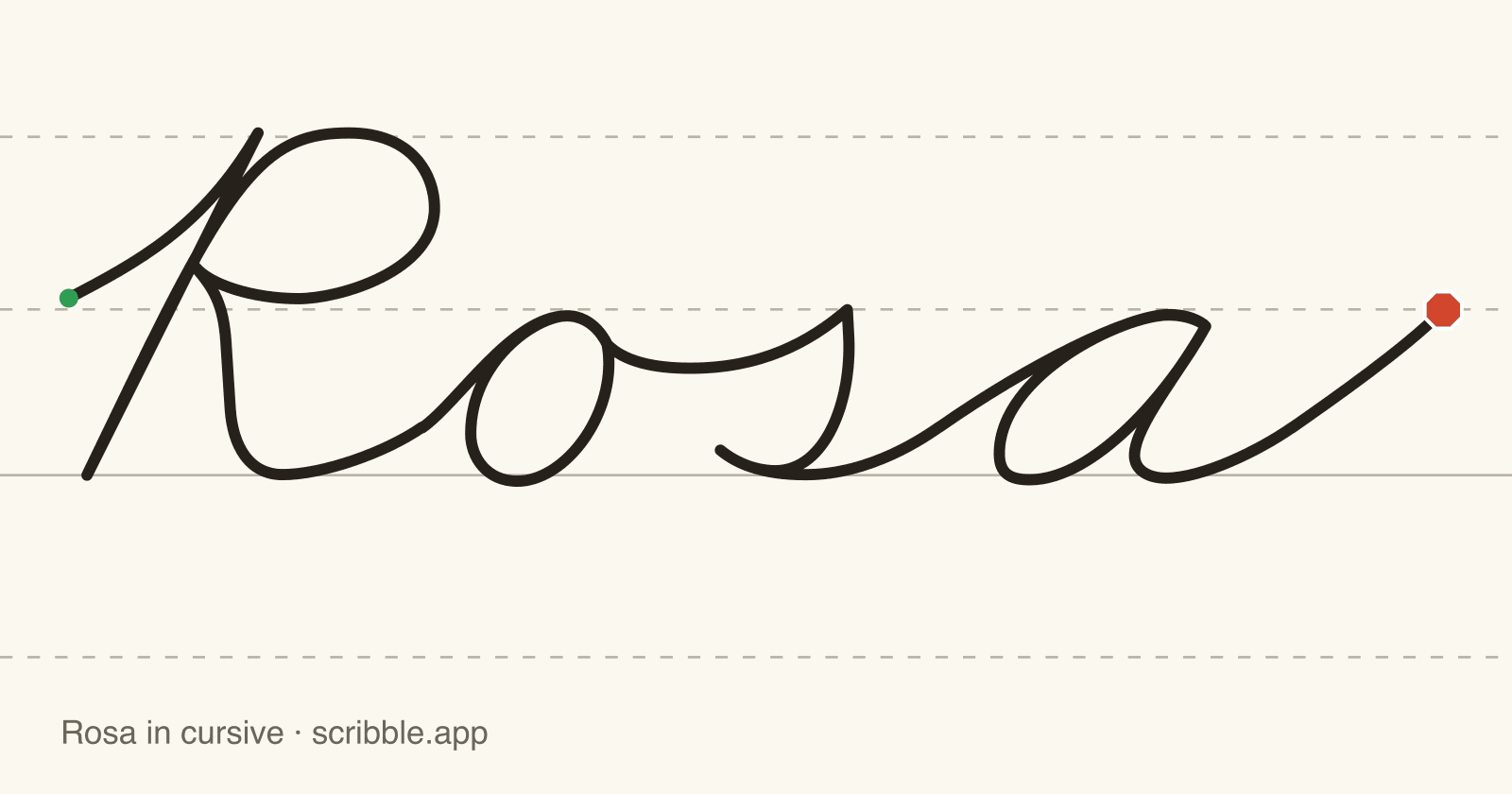 Rosa written in cursive on handwriting guidelines, with a green starting dot and a red stop sign