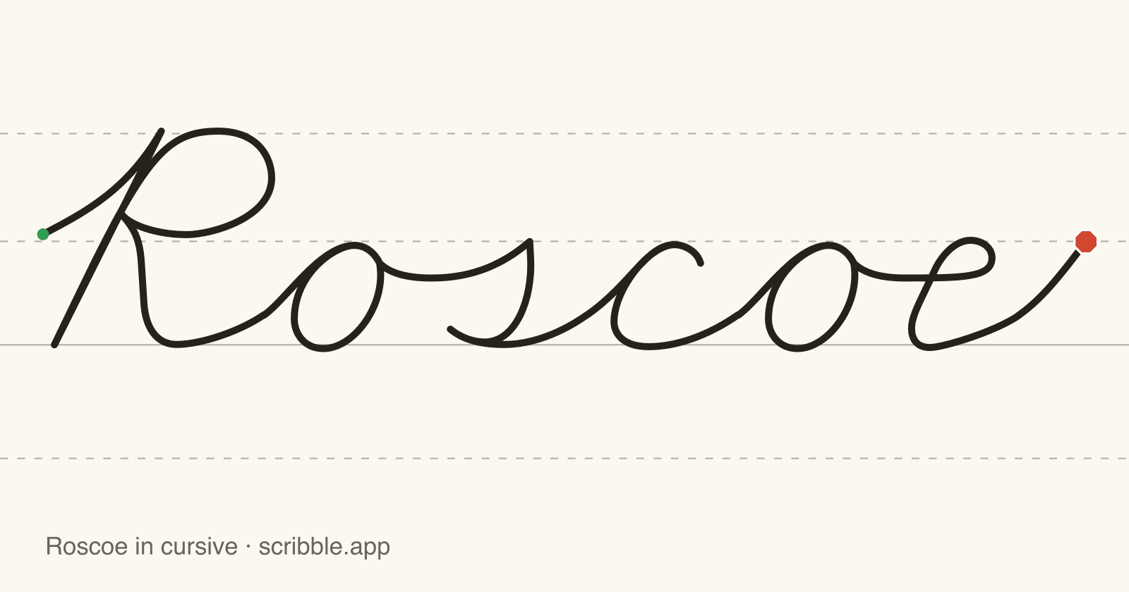 Roscoe written in cursive on handwriting guidelines, with a green starting dot and a red stop sign