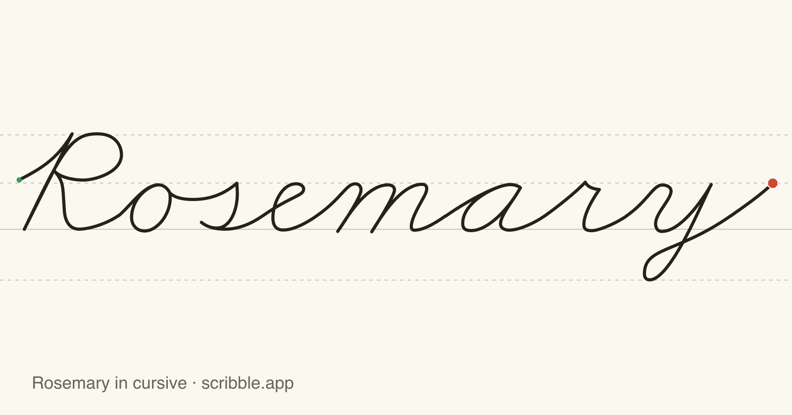Rosemary written in cursive on handwriting guidelines, with a green starting dot and a red stop sign