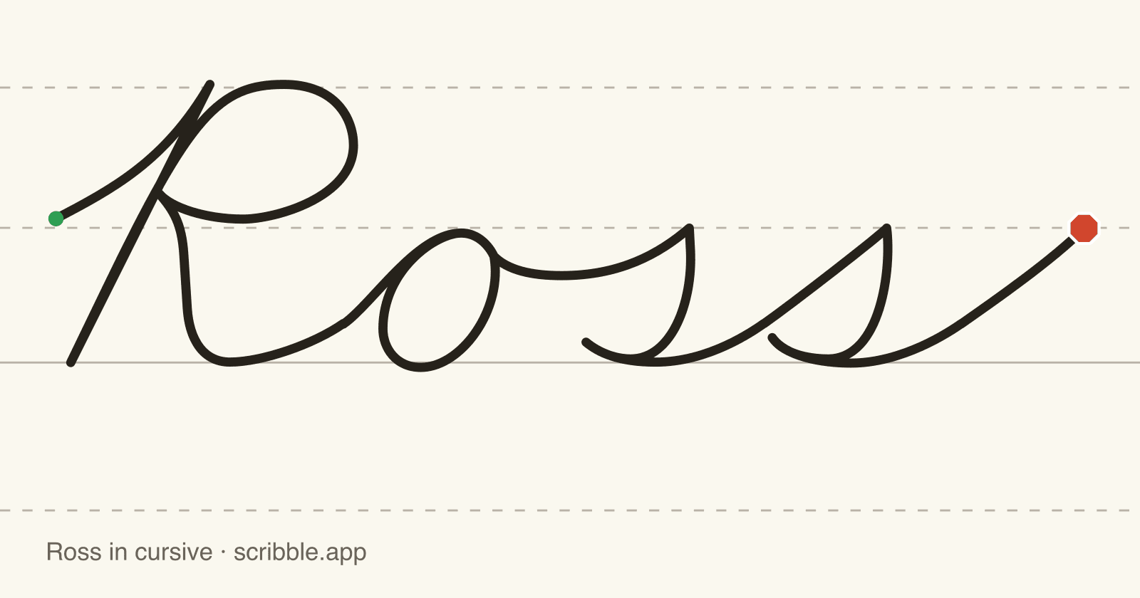 Ross written in cursive on handwriting guidelines, with a green starting dot and a red stop sign