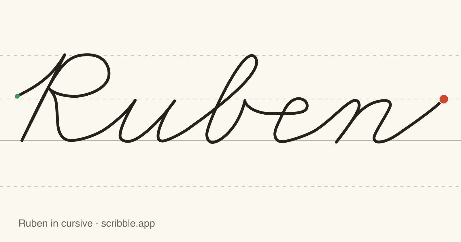 Ruben written in cursive on handwriting guidelines, with a green starting dot and a red stop sign