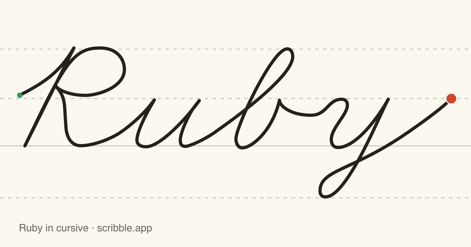 Ruby written in cursive on handwriting guidelines, with a green starting dot and a red stop sign