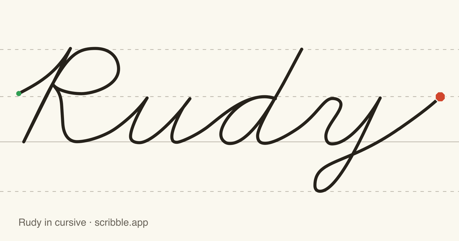 Rudy written in cursive on handwriting guidelines, with a green starting dot and a red stop sign