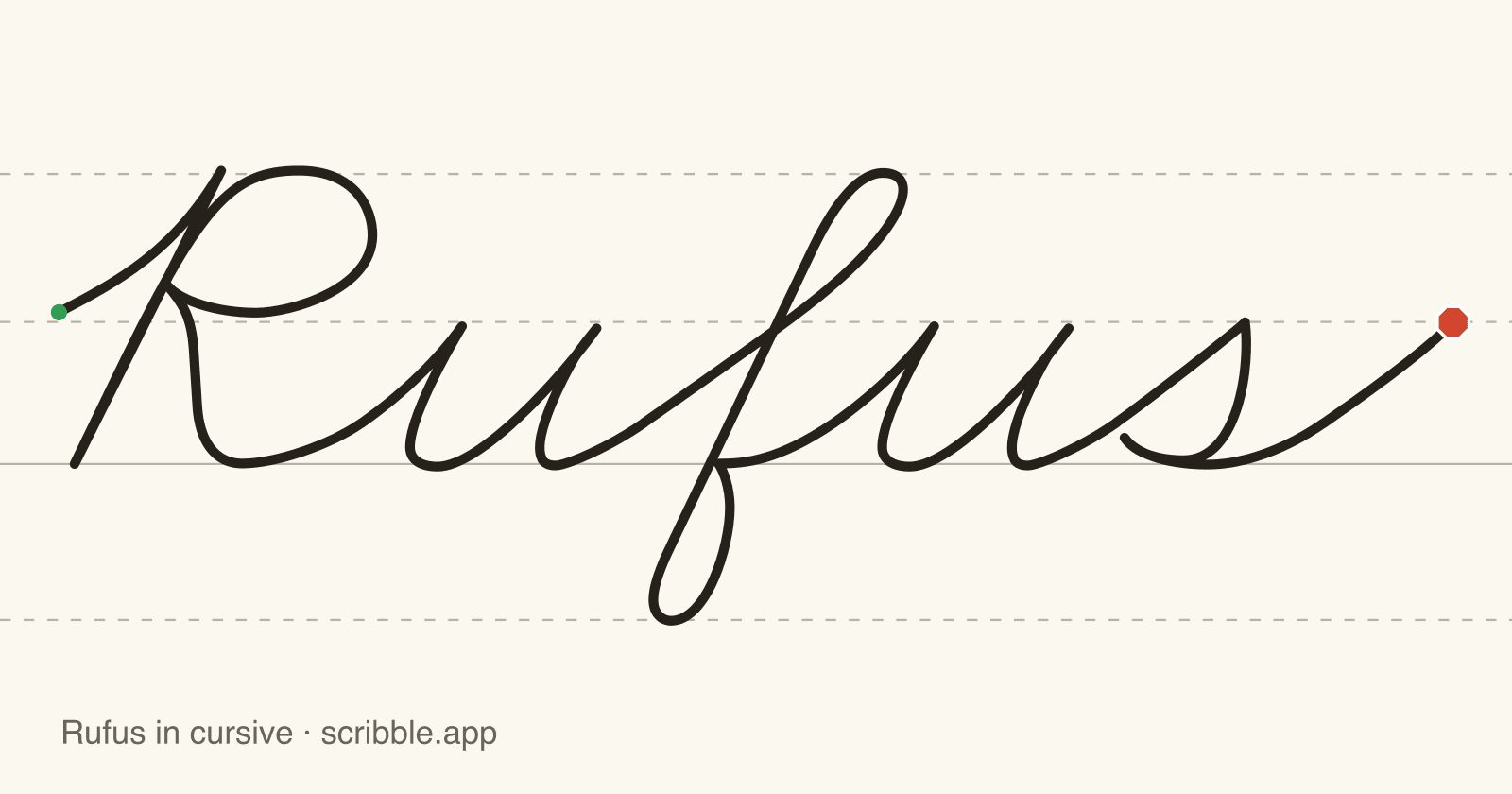 Rufus written in cursive on handwriting guidelines, with a green starting dot and a red stop sign