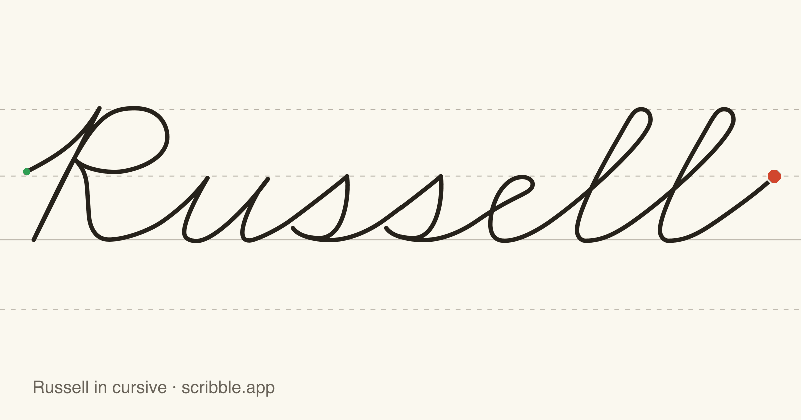 Russell written in cursive on handwriting guidelines, with a green starting dot and a red stop sign