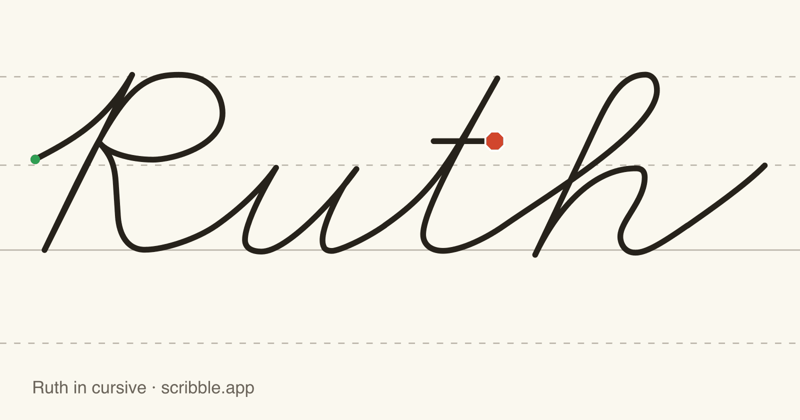 Ruth written in cursive on handwriting guidelines, with a green starting dot and a red stop sign