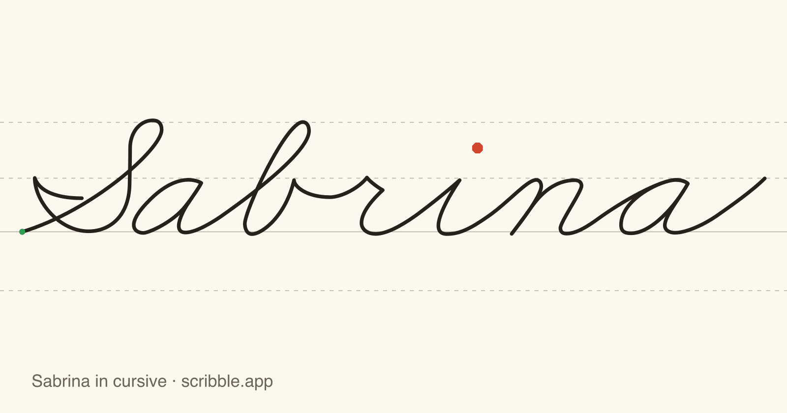 Sabrina written in cursive on handwriting guidelines, with a green starting dot and a red stop sign