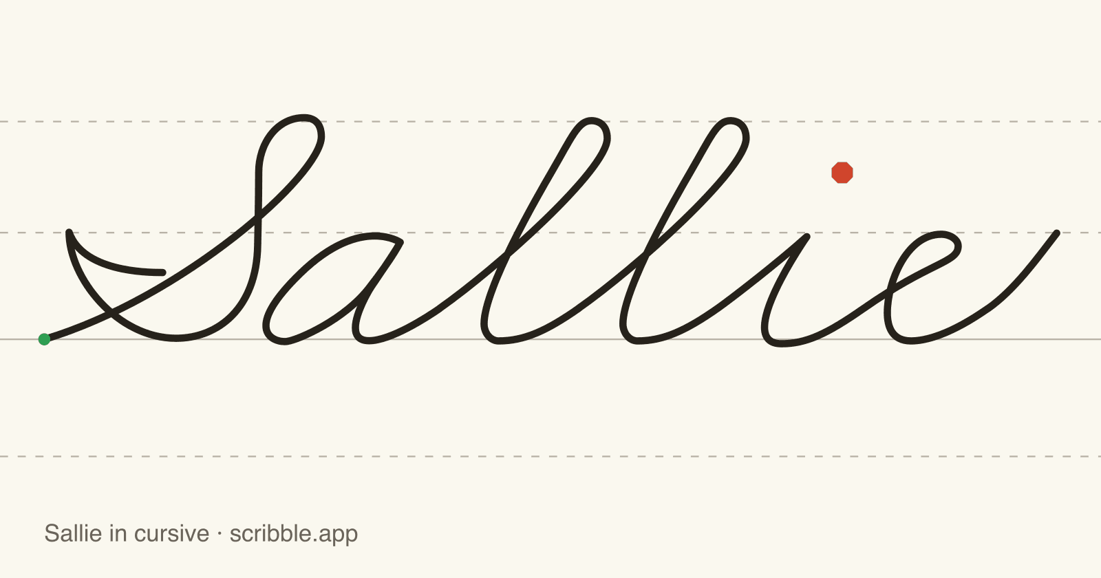 Sallie written in cursive on handwriting guidelines, with a green starting dot and a red stop sign