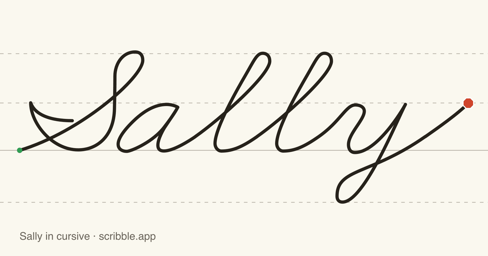 Sally written in cursive on handwriting guidelines, with a green starting dot and a red stop sign