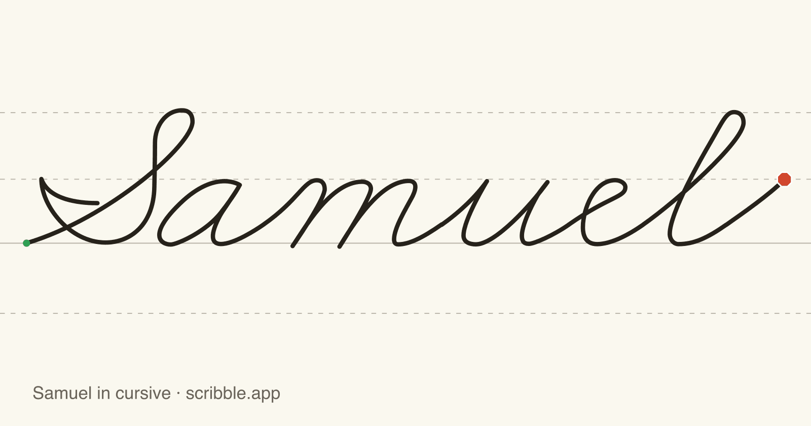 Samuel written in cursive on handwriting guidelines, with a green starting dot and a red stop sign