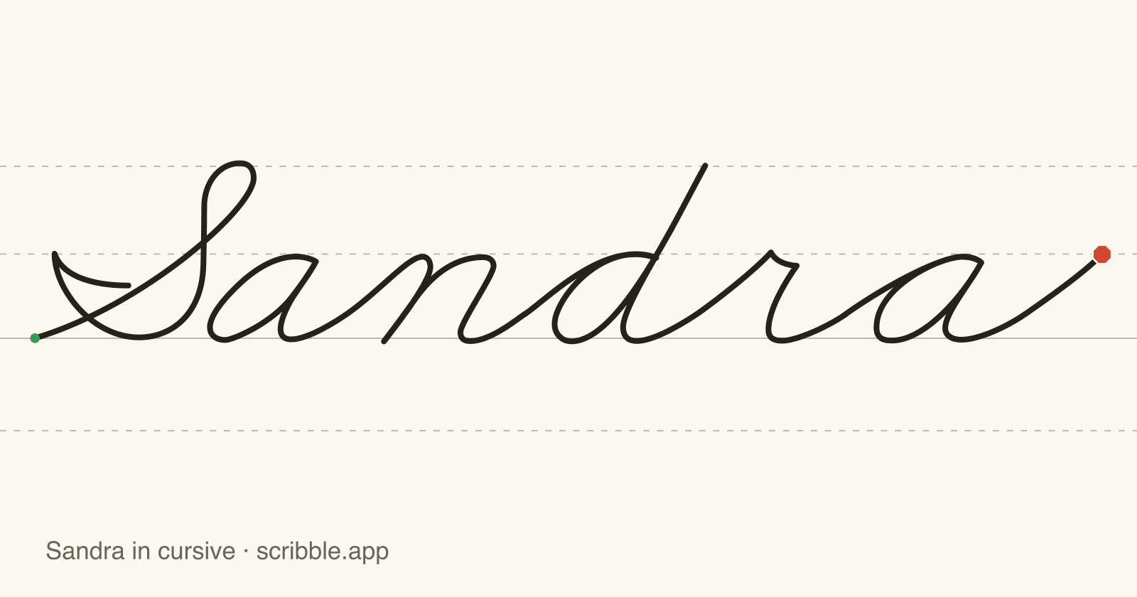 Sandra written in cursive on handwriting guidelines, with a green starting dot and a red stop sign