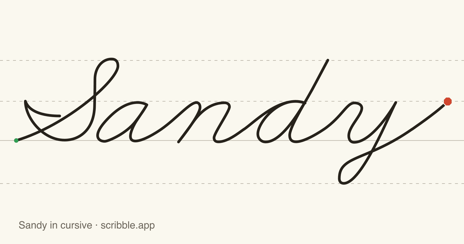 Sandy written in cursive on handwriting guidelines, with a green starting dot and a red stop sign