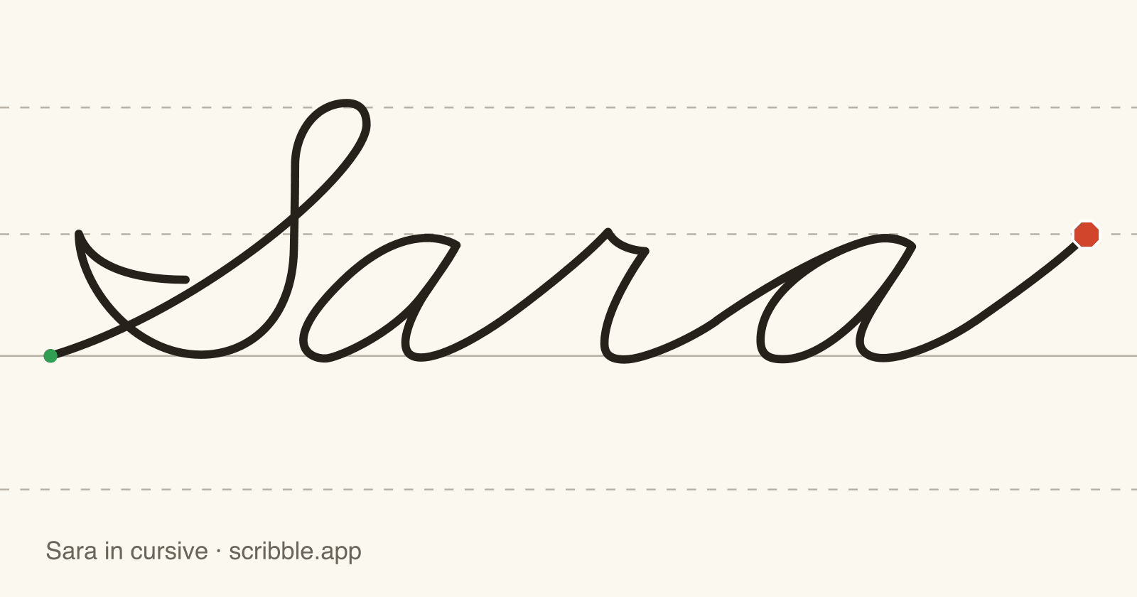 Sara written in cursive on handwriting guidelines, with a green starting dot and a red stop sign