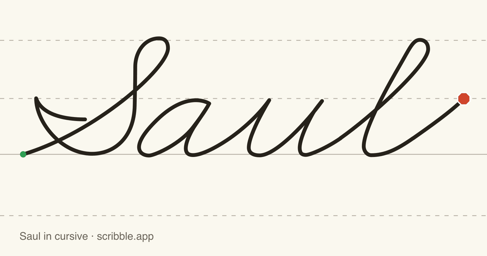 Saul written in cursive on handwriting guidelines, with a green starting dot and a red stop sign