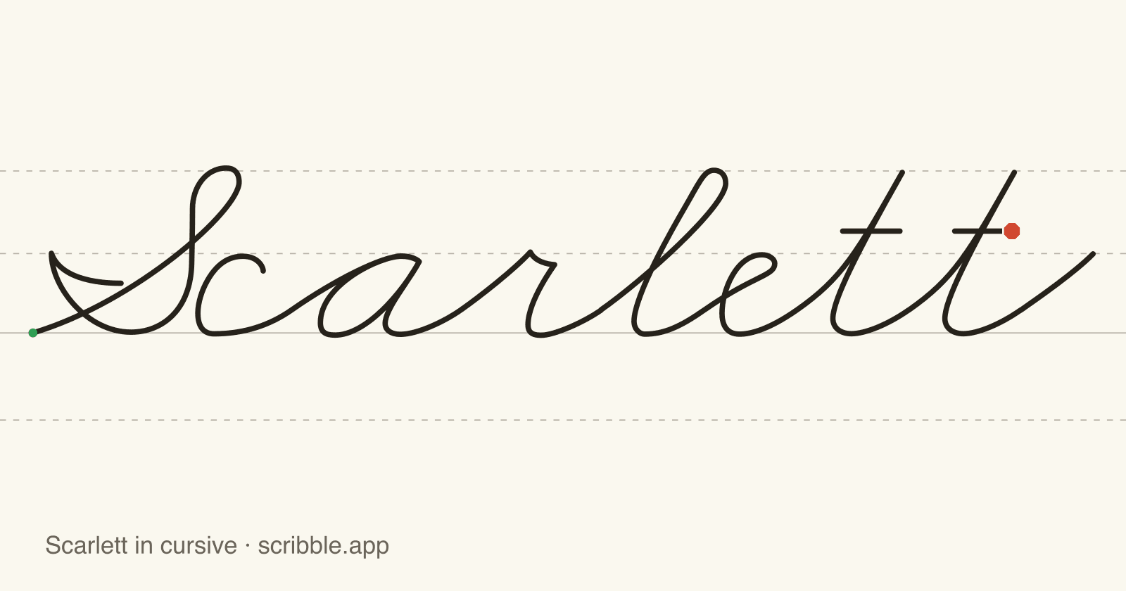Scarlett written in cursive on handwriting guidelines, with a green starting dot and a red stop sign